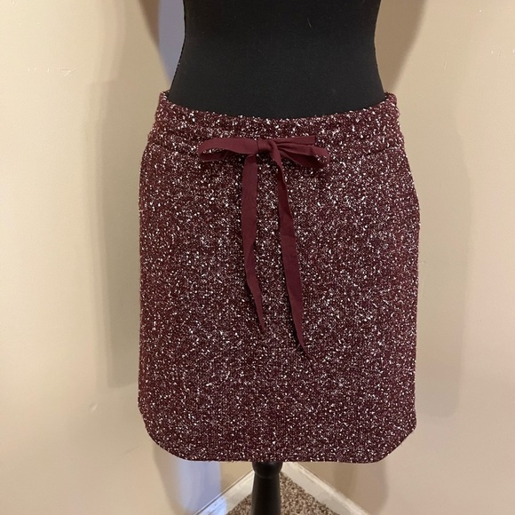 Ann Taylor LOFT Wine Tweed Boucle Pocket Jogger Drawstring Mini Skirt - SMALL - Picture 2 of 8